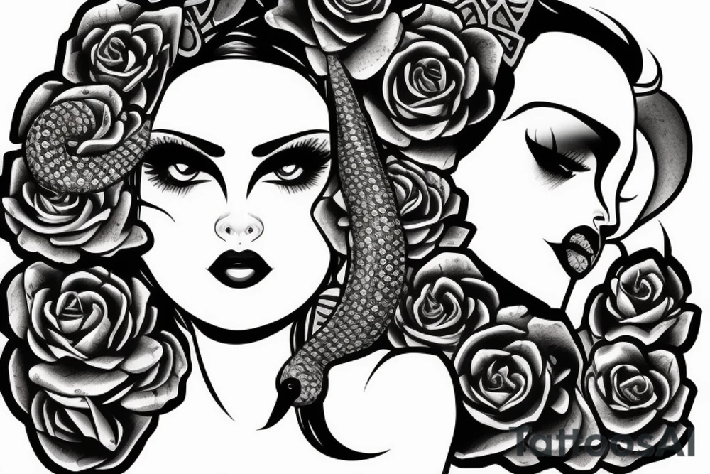 beautiful girls face, diamond background, skulls, snakes tattoo idea