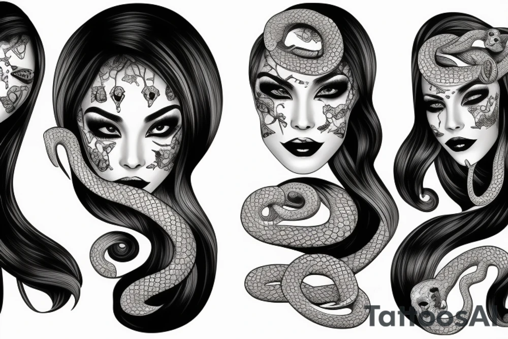 beautiful girls face, diamond background, skulls, snakes tattoo idea