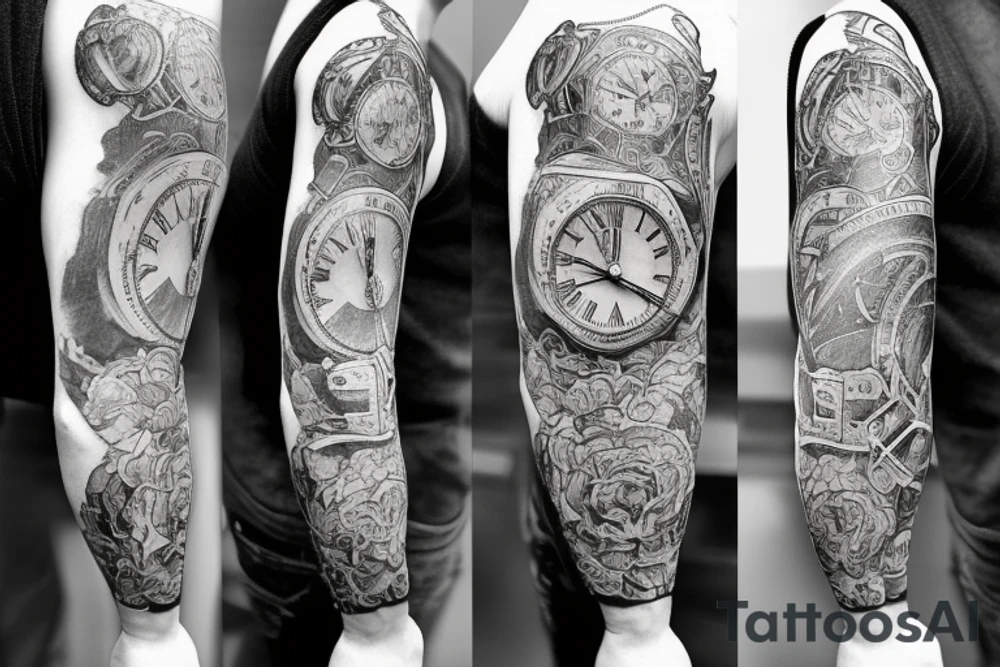 Mans sleeve already has three clocks. Meaningful, machine, no animals no flowers tattoo idea