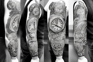 Mans sleeve already has three clocks. Meaningful, machine, no animals no flowers tattoo idea