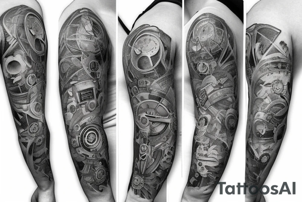 Mans sleeve already has three clocks. Meaningful, machine, no animals no flowers tattoo idea