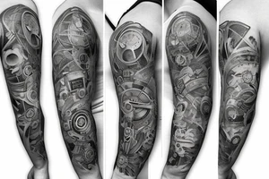 Mans sleeve already has three clocks. Meaningful, machine, no animals no flowers tattoo idea