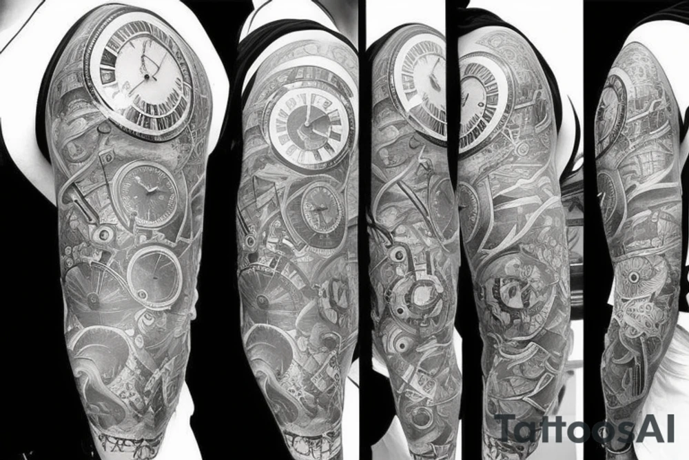 Mans sleeve already has three clocks. Meaningful, machine, no animals no flowers tattoo idea Mans sleeve already has three clocks. Meaningful, machine, no animals no flowers tattoo idea