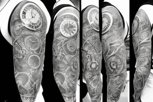 Mans sleeve already has three clocks. Meaningful, machine, no animals no flowers tattoo idea