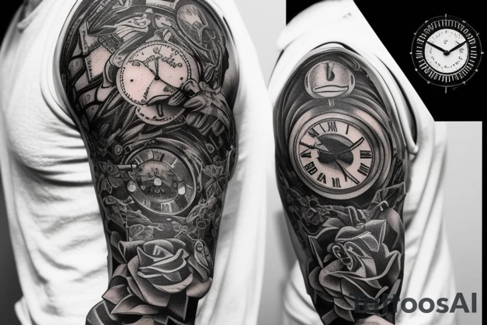 Mans sleeve already has three clocks. Meaningful, machine, no animals no flowers tattoo idea