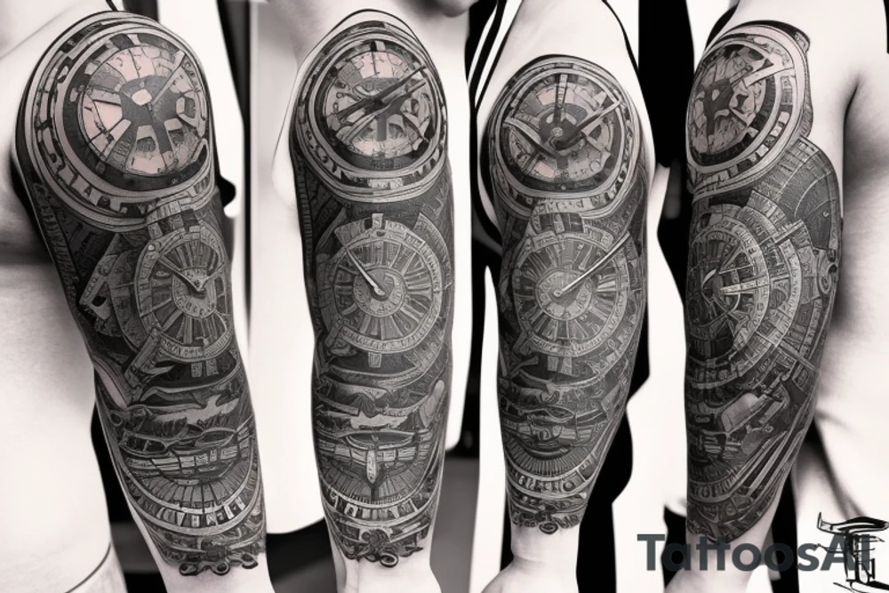 Mans sleeve already has three clocks. Meaningful, machine, no animals no flowers tattoo idea