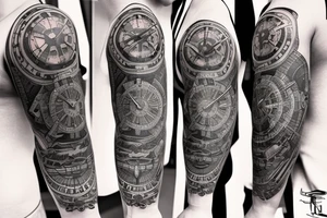 Mans sleeve already has three clocks. Meaningful, machine, no animals no flowers tattoo idea