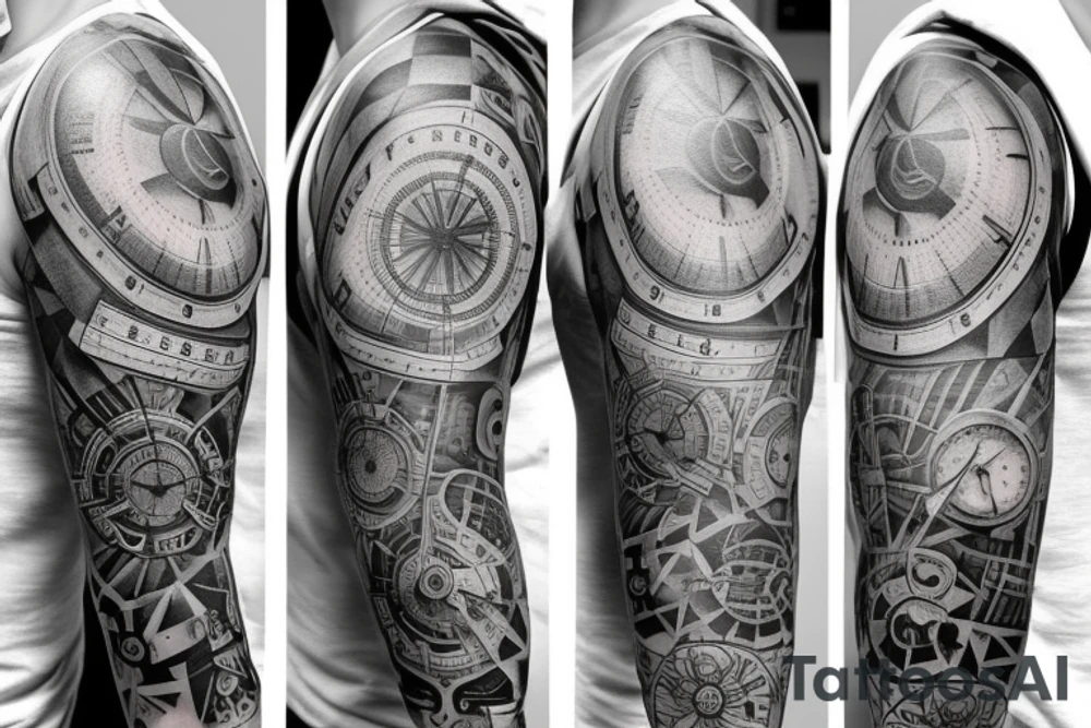 Mans sleeve already has three clocks. Meaningful, machine, no animals no flowers tattoo idea
