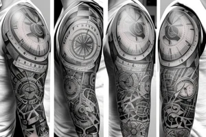 Mans sleeve already has three clocks. Meaningful, machine, no animals no flowers tattoo idea