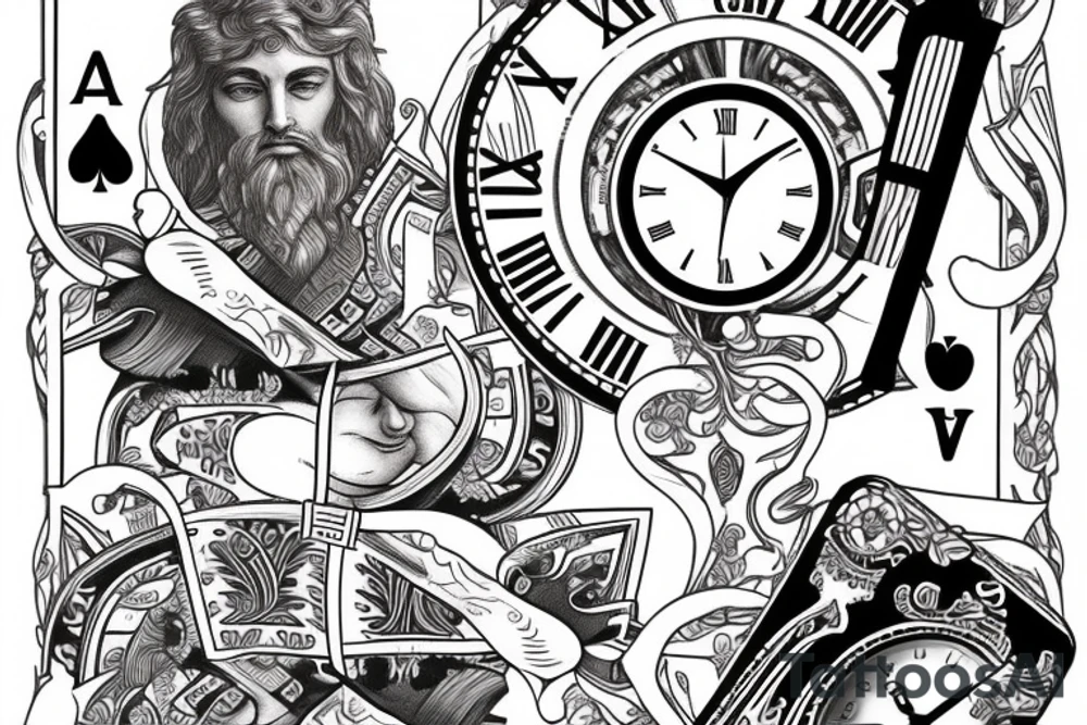 Greek god with playing cards and clock tattoo idea