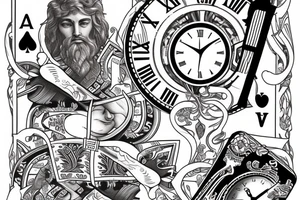 Greek god with playing cards and clock tattoo idea