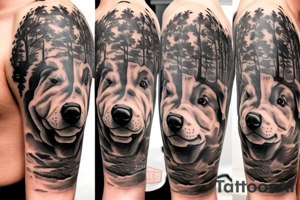 Two chow chows dog staring down from heaven over a forest of trees tattoo idea