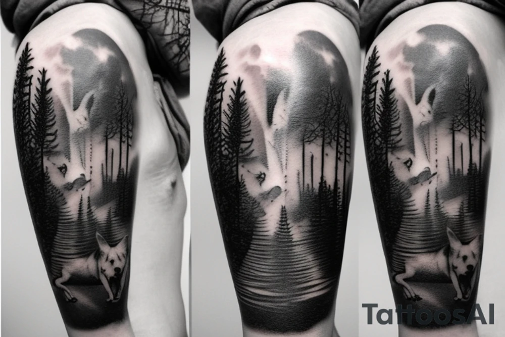 Two dog staring down from the sky over a forest of trees tattoo idea