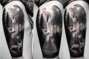 Two dog staring down from the sky  over a forest of trees tattoo idea