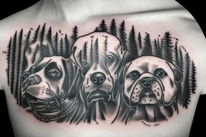 Two dog staring down from the sky  over a forest of trees tattoo idea