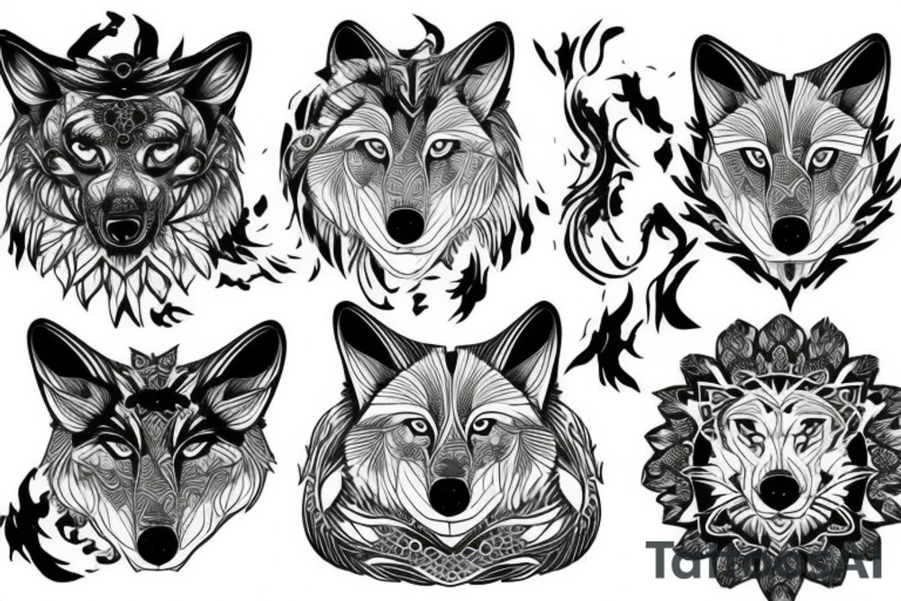 wolves, space, and lotus tattoo idea