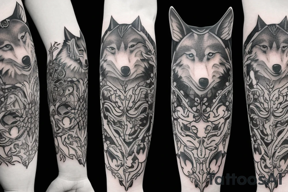wolves, space, and lotus tattoo idea