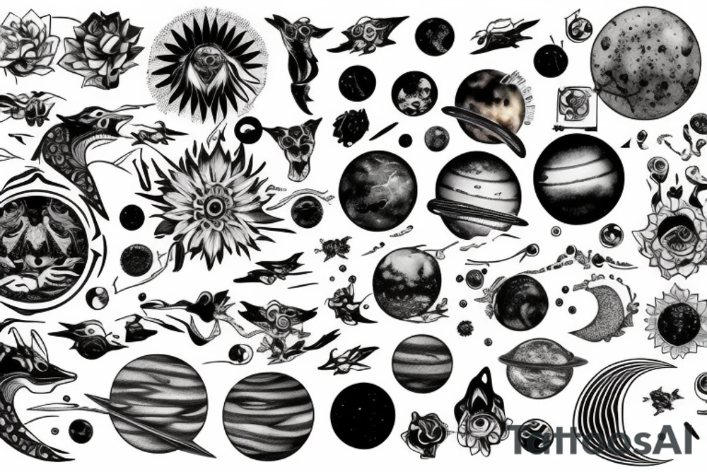 wolves, solar system, and lotus tattoo idea