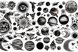 wolves, solar system, and lotus tattoo idea