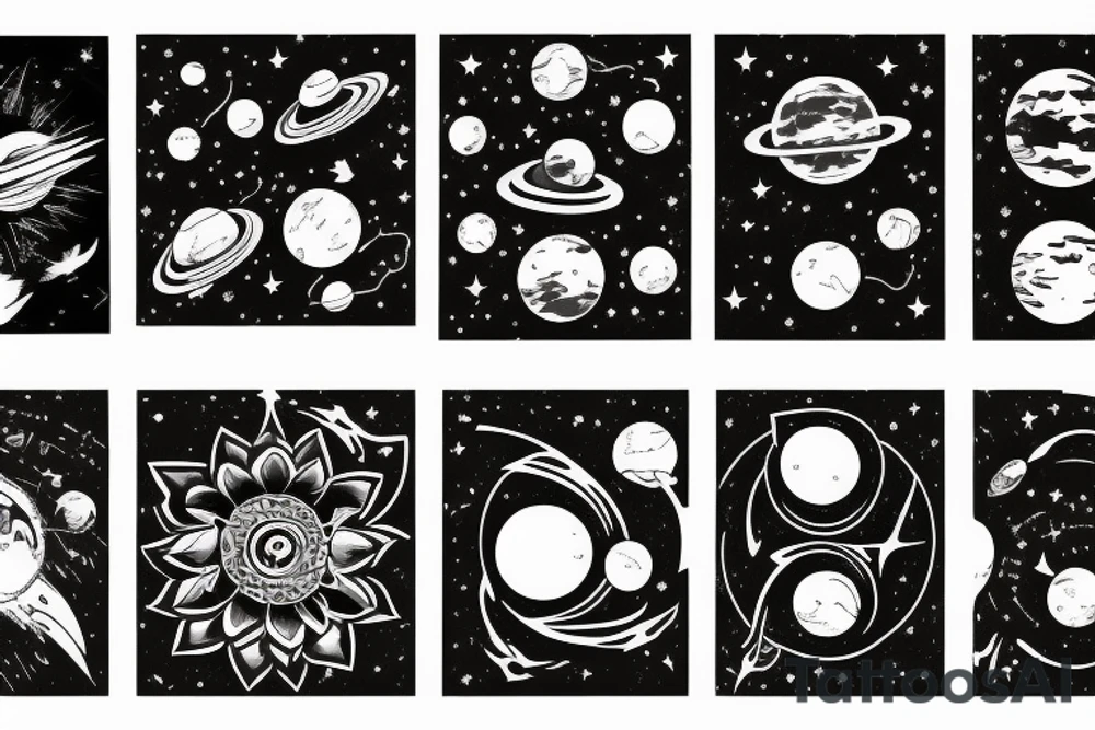 wolves, solar system, and lotus tattoo idea