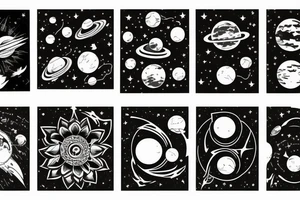wolves, solar system, and lotus tattoo idea
