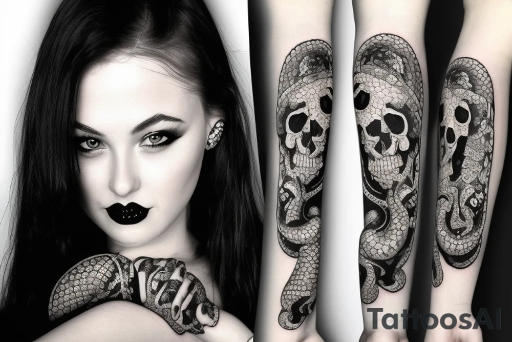 beautiful girls face, diamond background, skulls, snakes tattoo idea