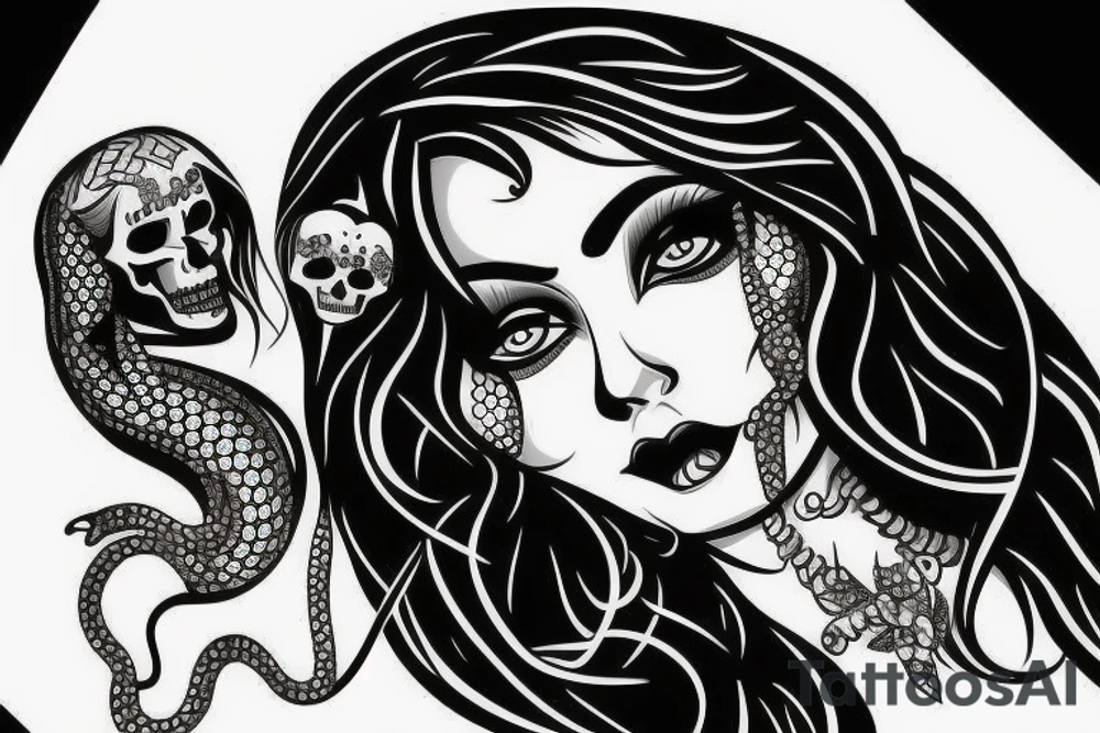 beautiful girls face, diamond background, skulls, snakes tattoo idea