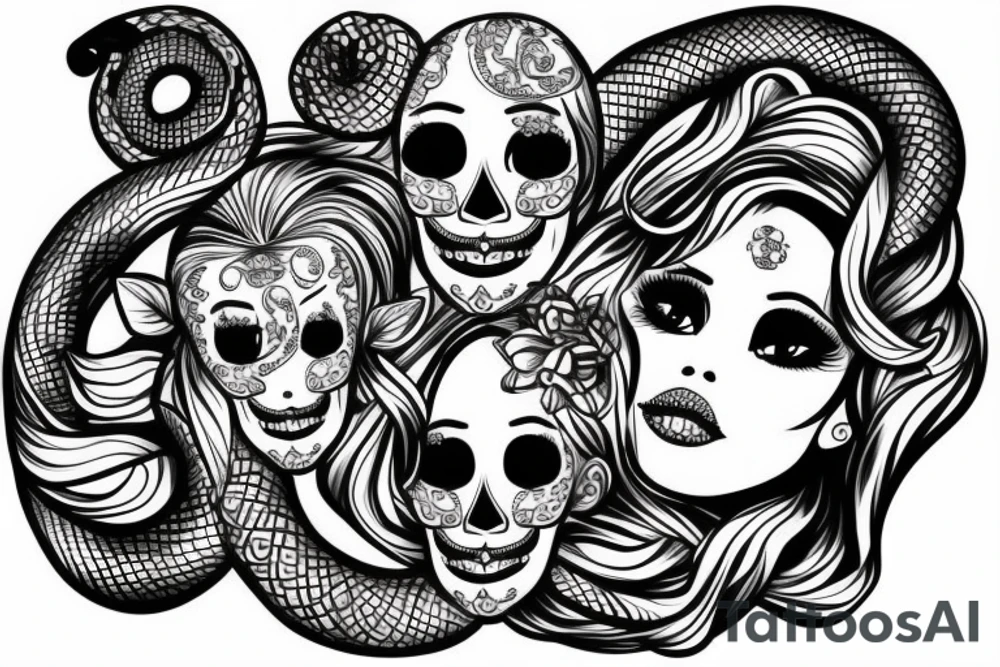 beautiful girls face, diamond background, skulls, snakes tattoo idea