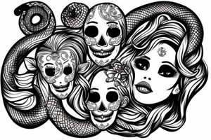 beautiful girls face, diamond background, skulls, snakes tattoo idea
