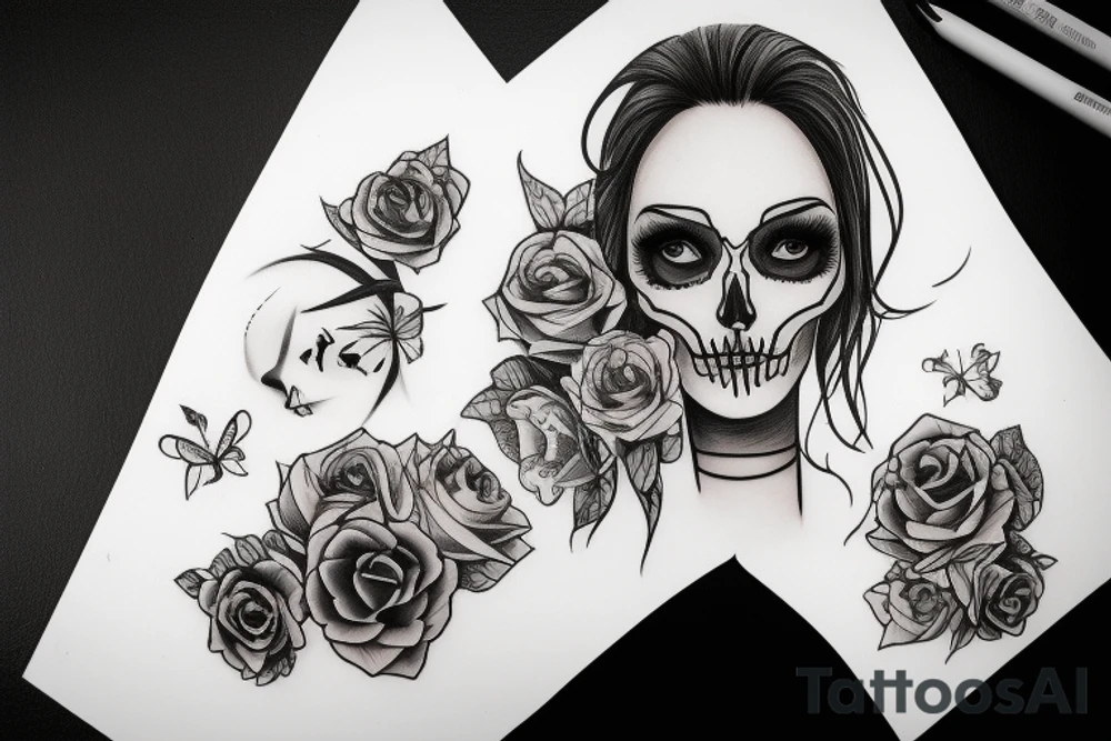 half girl half skeleton face tattoo idea