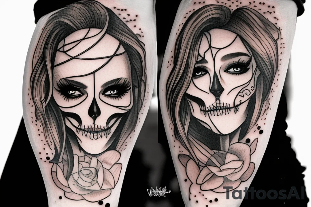 half girl half skeleton face tattoo idea