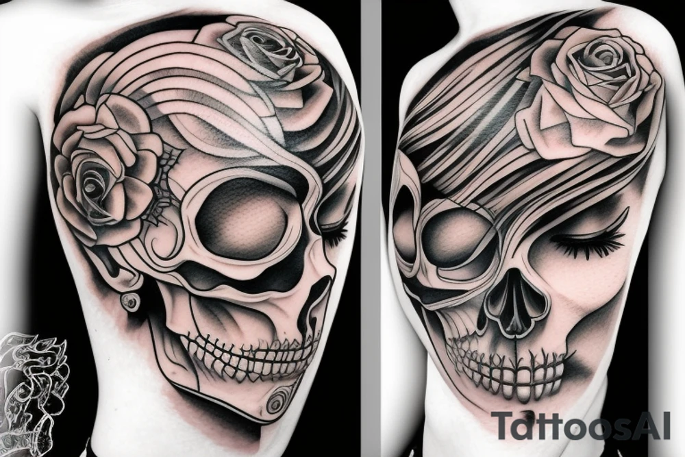 half girl half skeleton face tattoo idea