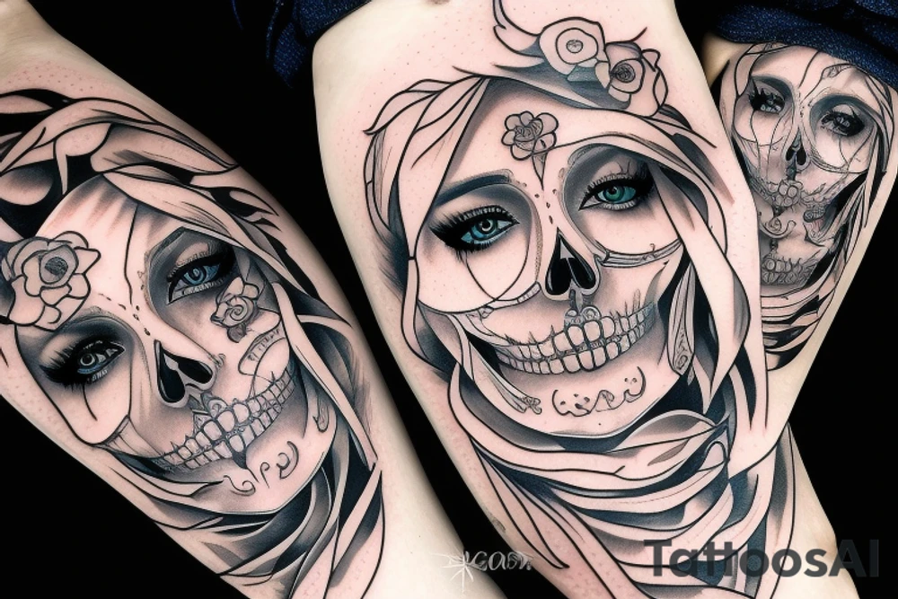 half girl half skeleton face tattoo idea