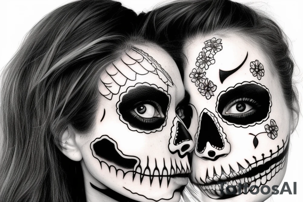 half girl half skeleton face tattoo idea