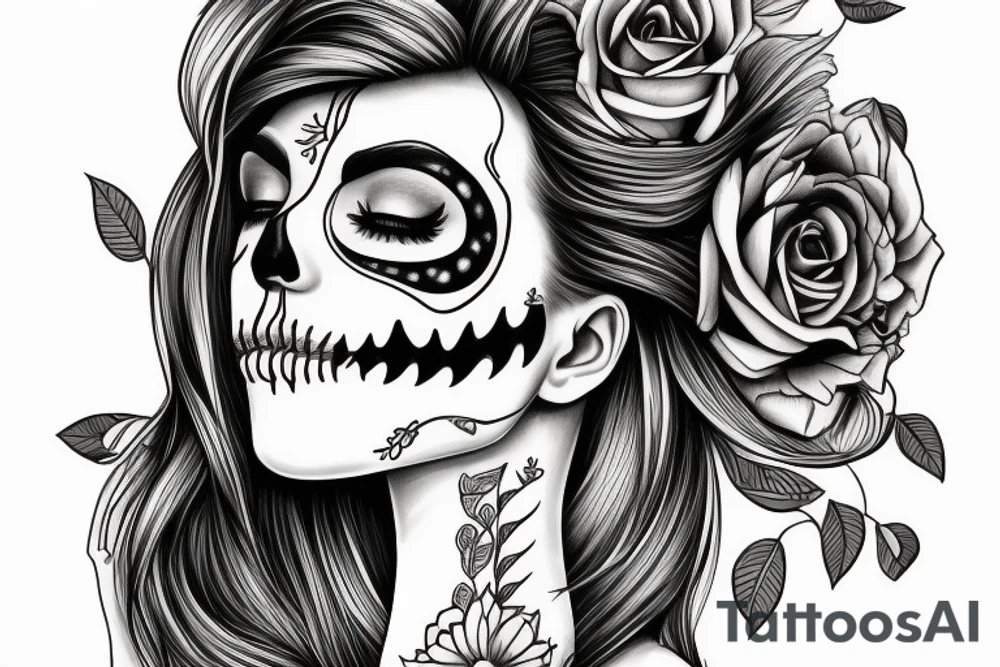 half girl half skeleton face tattoo idea
