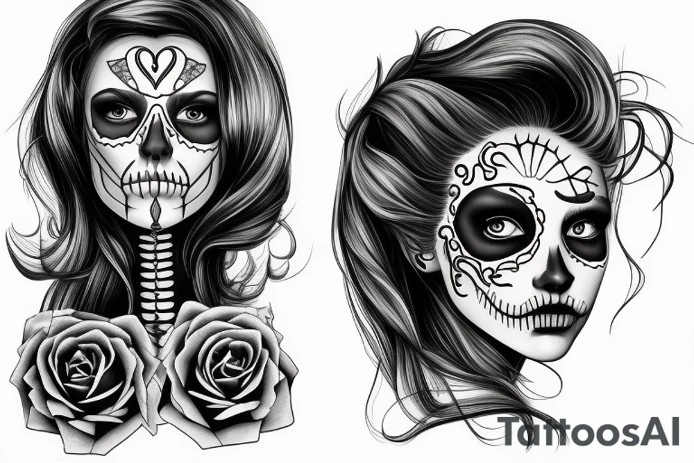half girl half skeleton face tattoo idea