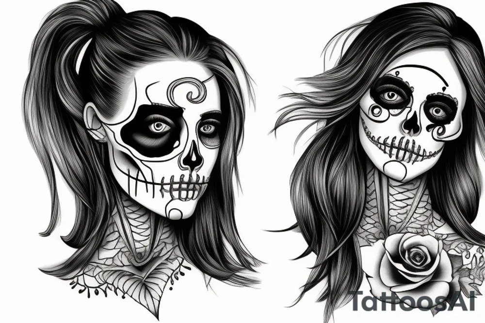 half girl half skeleton face tattoo idea