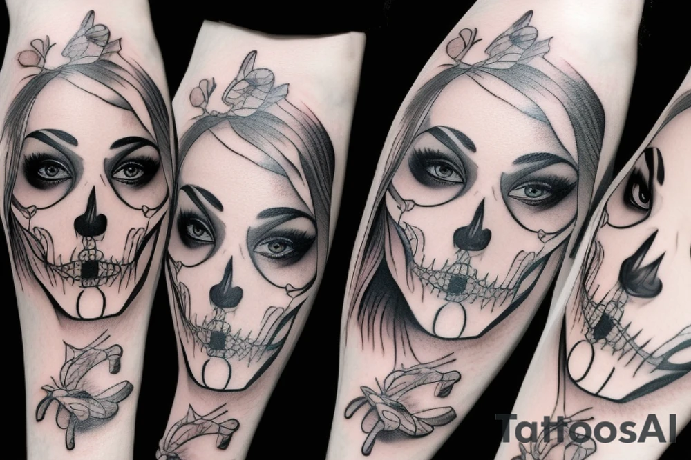 half girl half skeleton face tattoo idea