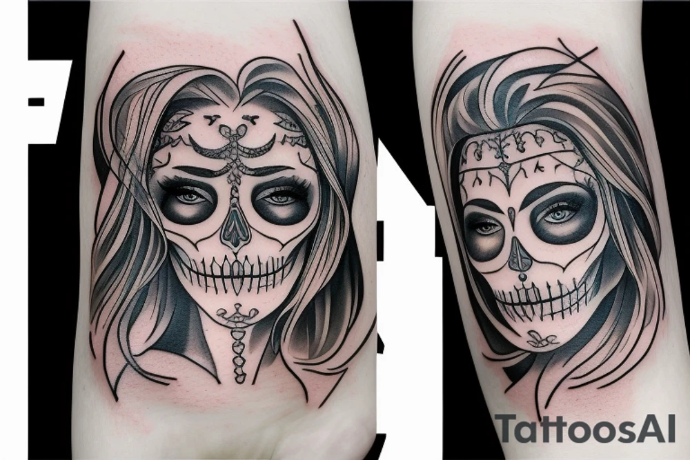 half girl half skeleton face tattoo idea