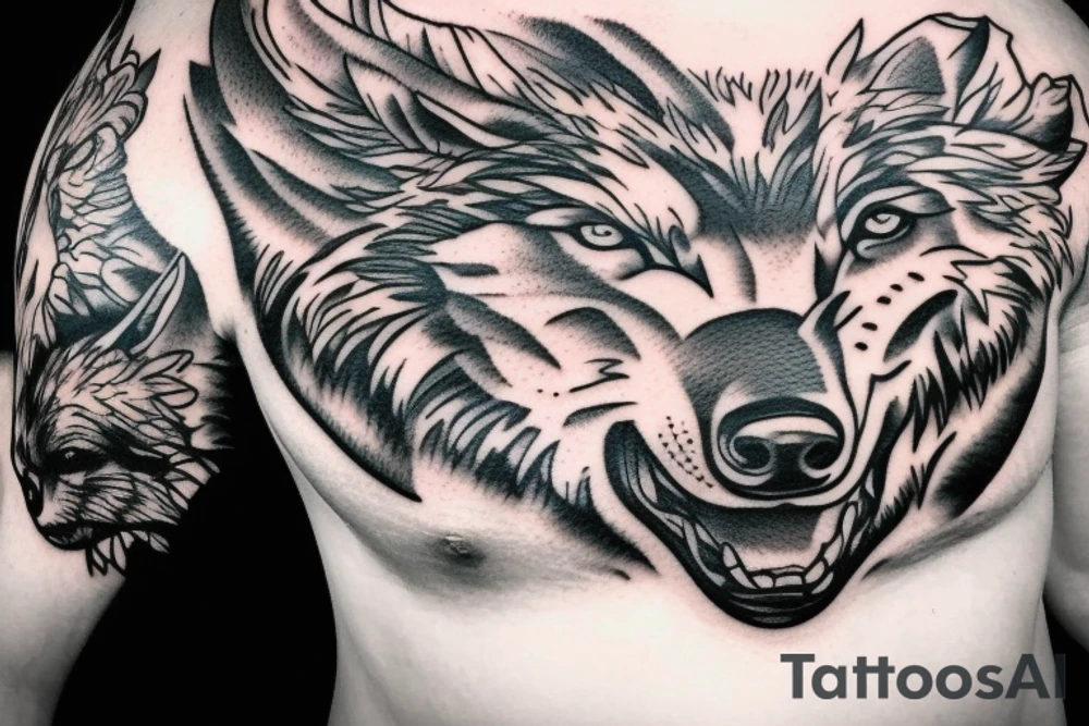 A Big Wolf covering the left chest area and going till the shoulder tattoo idea A Big Wolf covering the left chest area and going till the shoulder tattoo idea