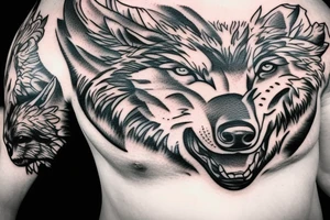 A Big Wolf covering the left chest area and going till the shoulder tattoo idea