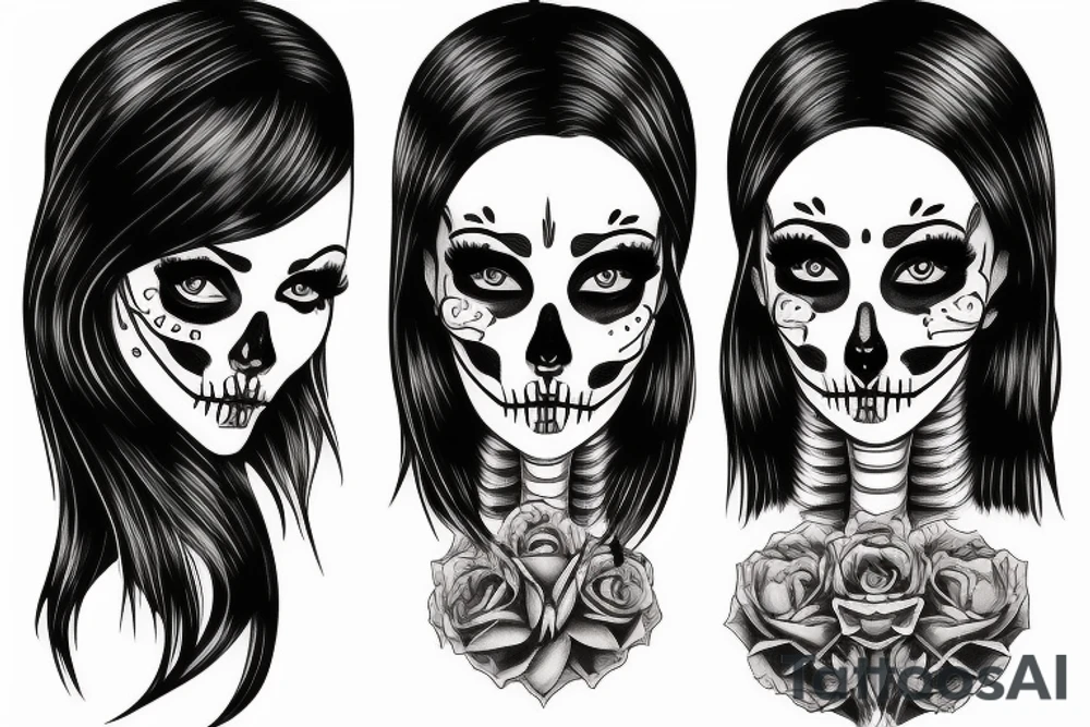 half girl half skeleton face tattoo idea
