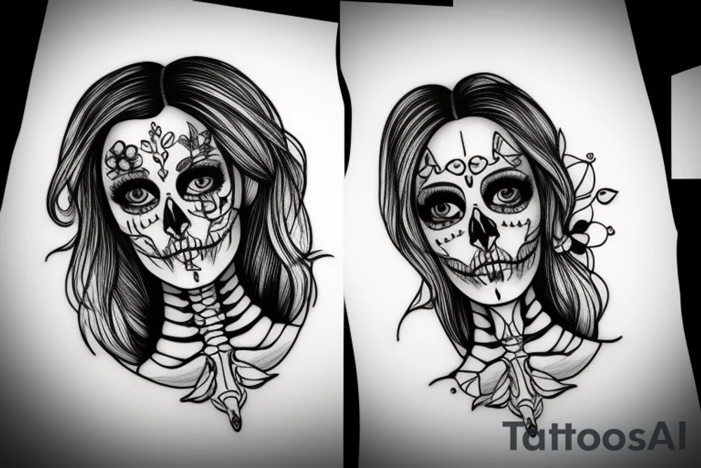half girl half skeleton face tattoo idea