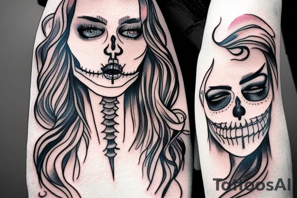half girl half skeleton face tattoo idea