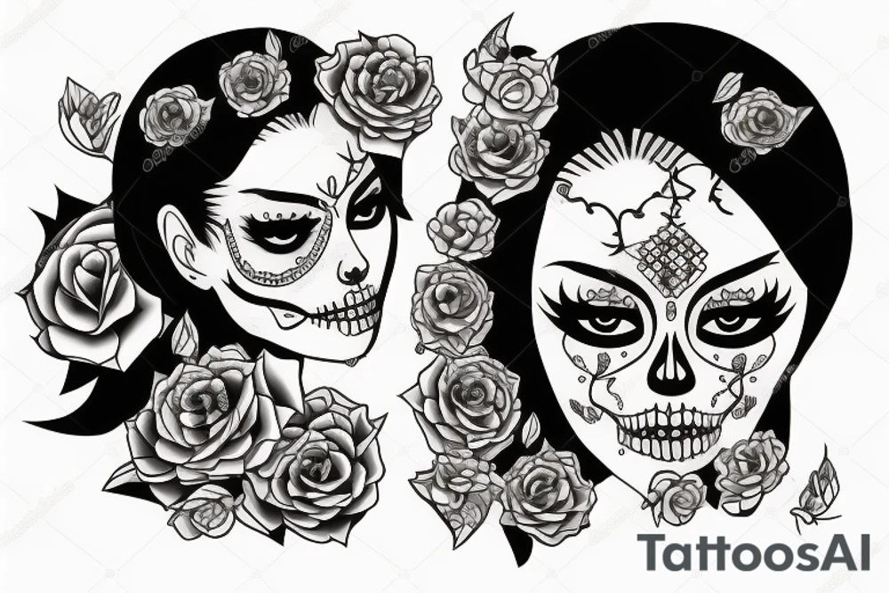 half girl half skeleton face tattoo idea