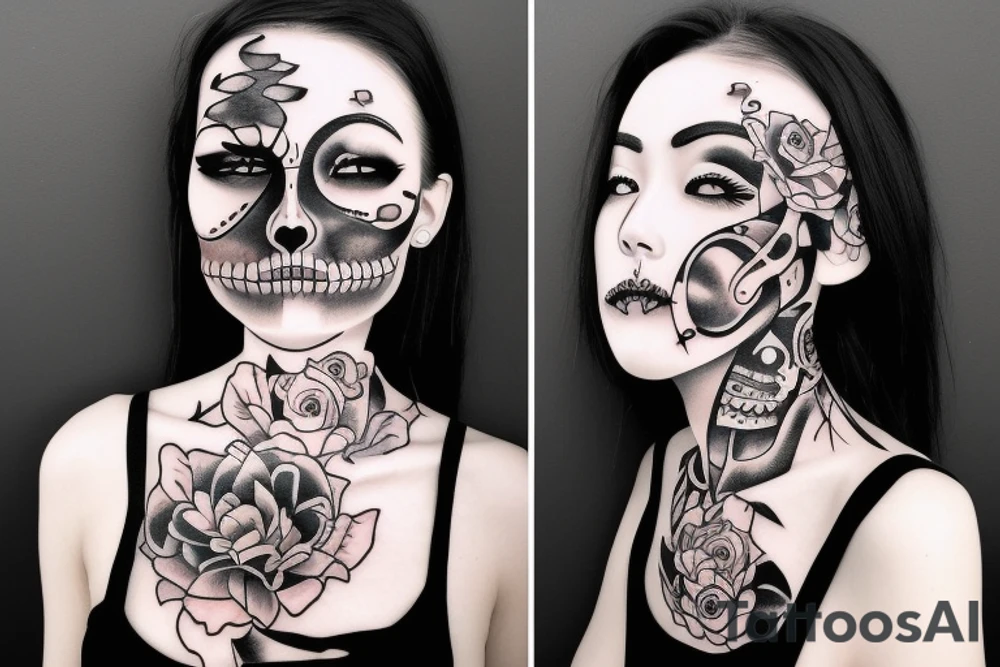 half girl half skeleton face tattoo idea