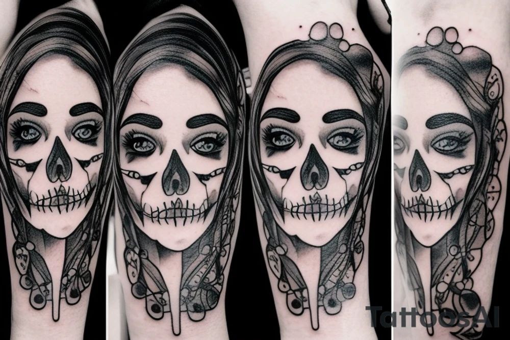 half girl half skeleton face tattoo idea