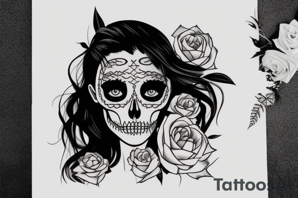 half girl half skeleton face tattoo idea