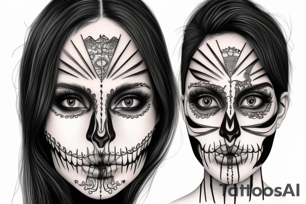 half girl half skeleton face tattoo idea