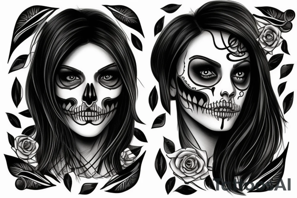 half girl half skeleton face tattoo idea